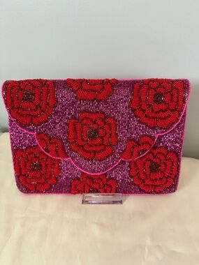 Beaded Floral Envelope Clutch With Crossbody Strap